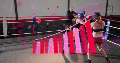 Female Boxers Sparring in Gym Ring with Performance Data Overlay, Coach Guiding
