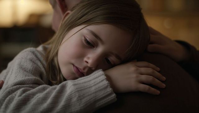 Young child resting on parent shoulder at home tender family comfort cozy evening
