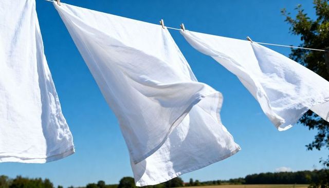Sunlit white sheets fluttering on clothesline over countryside, fresh linen in breeze