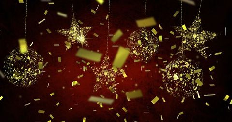 Golden Stars and Baubles with Falling Confetti on Red Background