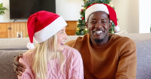 Joyful Interracial Couple Celebrating Christmas Together