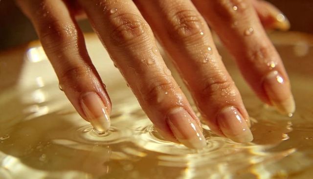 Dipping hand with long tapered nails into warm golden water creating soft ripples and droplets