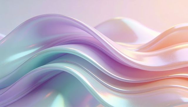 Shimmering pearlescent ribbons flowing in pastel waves, glossy iridescent abstract design