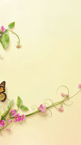 Vertical botanical vine unfurling with pink blossoms and yellow butterfly on cream backdrop