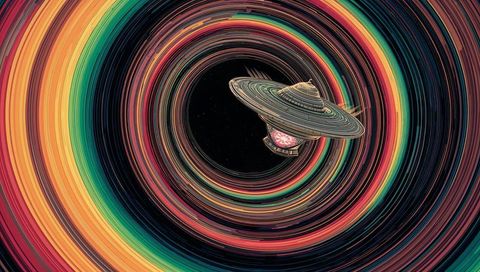 Futuristic spaceship orbiting colorful vortex in outer space