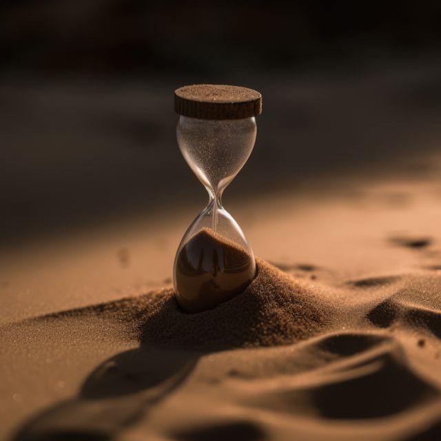 Glass hourglass placed on desert sand at sunset, symbolizing the passage of time and the concept of mortality. Useful for illustrating themes related to time management, deadlines, and reflective moments. Suitable for editorial use in articles discussing time perception, patience, and ephemeral moments.