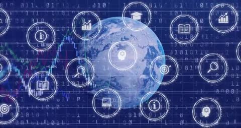 Earth Overlaid with Tech Icons and Binary Grid for Innovation Concept