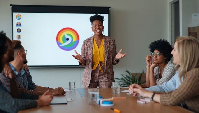 Confident presenter leading collaborative team meeting in modern boardroom with colorful logo