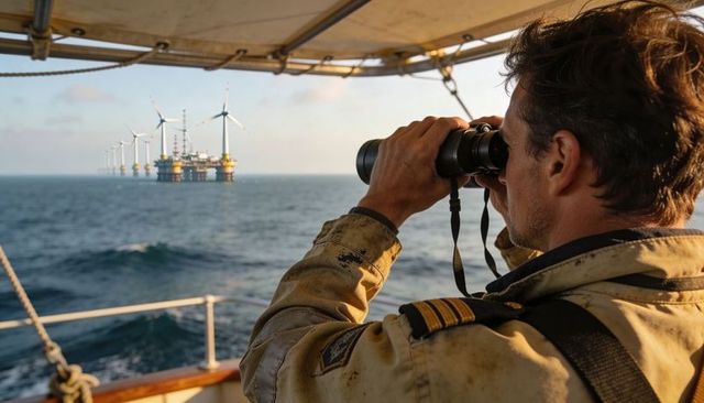Offshore crew member scanning windfarm through binoculars from vessel deck at sea
