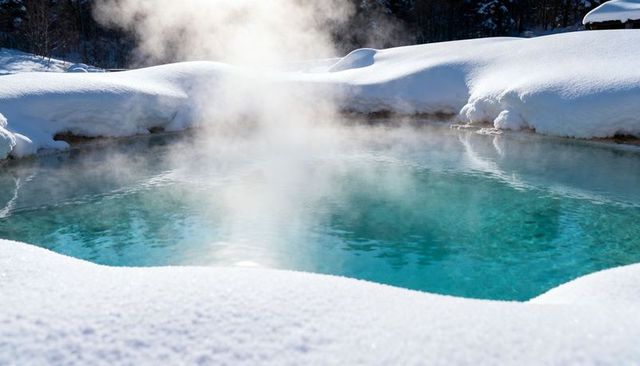 Steaming turquoise thermal pool releasing mist in snow-covered alpine landscape