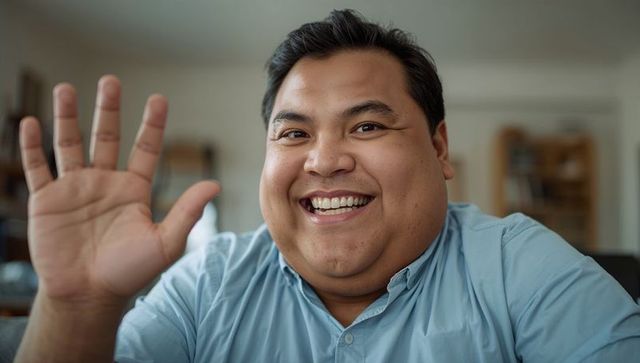 Friendly asian man waving and smiling during video call in home office close-up portrait