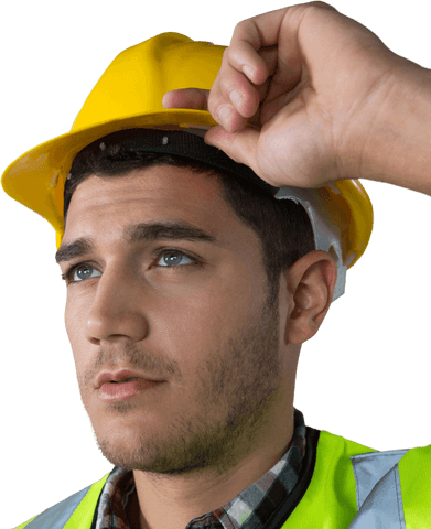 Caucasian male worker adjusting helmet on transparent background