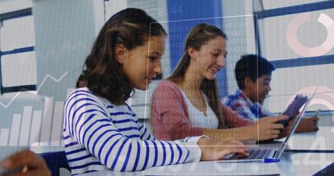 Young students coding and collaborating on laptops and tablets with data graphics overlay