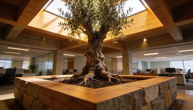 Mature olive tree rising through skylight in modern open-plan office with timber planter