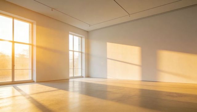 Sunlit Minimalist Gallery Interior with Tall Windows, Warm Golden Light and Long Shadows