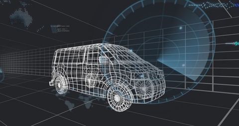 Rotating wireframe van model in futuristic digital interface