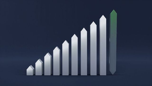 Ascending 3D Arrow Pillar Chart Showing Eleven Glossy Columns, Final Pillar Highlighted Green