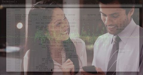 Data management overlaid on professionals collaborating in office