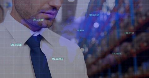 Businessman analyzing global finance data with futuristic grid and neon numeric overlay