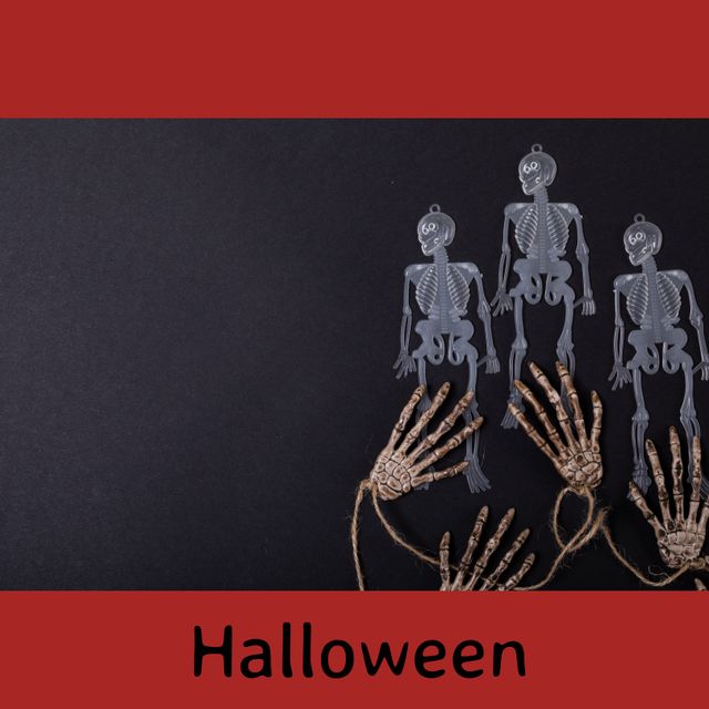 Halloween text on red with skeletons and skeleton hands on black background with copy space. Halloween, october 31st, all hallows' eve, tradition and celebration, digitally generated image.
