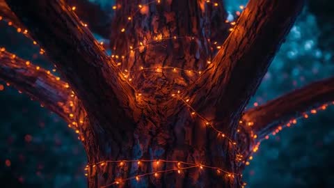Pine Tree Wrapped in Pulsing Orange Lights During Dusk