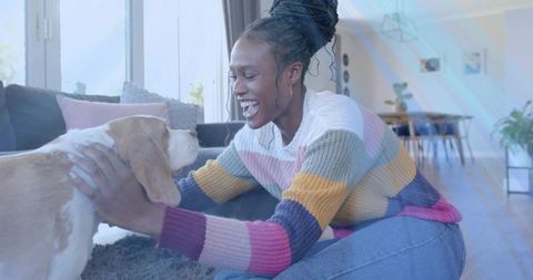 Happy Woman with Beagle in Cozy Modern Living Room
