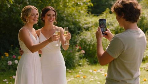 Two brides toasting with champagne in sunlit garden wearing elegant white dresses