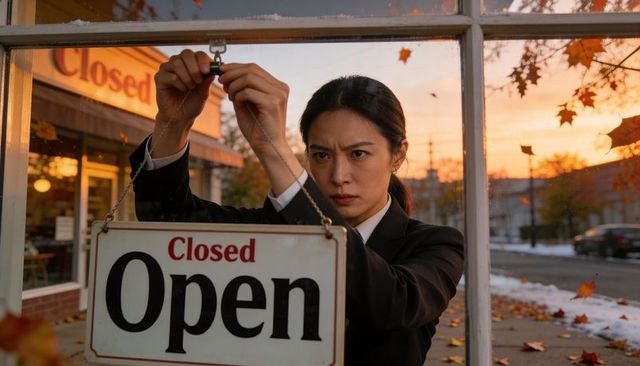 Businesswoman fastening open/closed sign on storefront window at autumn sunset