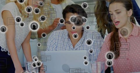 Team collaborating on laptop with chat bubbles and avatar overlays for digital teamwork
