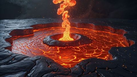Volcanic eruption with crater and hell lava flow spectacle