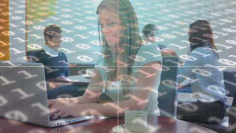 Binary Code Overlay on Woman Using Laptop in Office