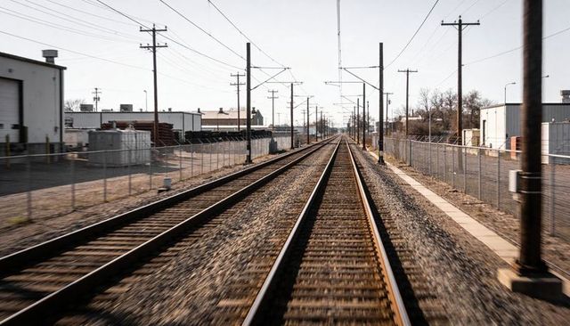 Parallel railway tracks leading into distance through industrial warehouse yard with power lines