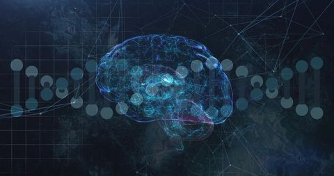 Futuristic glowing brain hologram with dna helix graphic