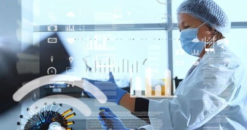 Female scientist in ppe preparing diagnostic samples at lab bench with data overlays