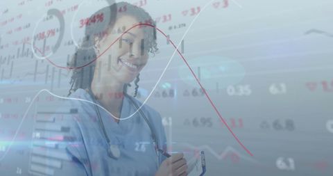 Smiling Female Doctor Amidst Digital Health Data Overlay