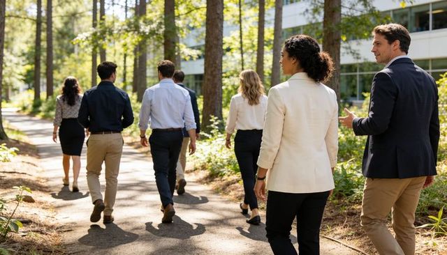 Corporate team walking through wooded campus promoting outdoor collaboration and wellness