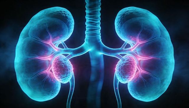 Glowing 3D medical illustration of kidneys with highlighted renal vasculature and ureters