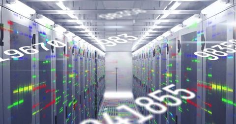 Data center aisle with digital numerical overlays and led indicators