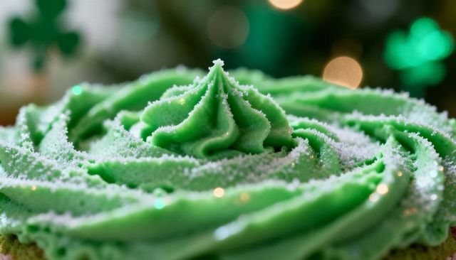 Sparkling green frosting swirl on cupcake with shamrock bokeh for st patrick celebration