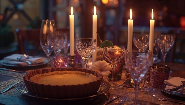 Elegant dining setting with candlelit pie for celebratory dinner