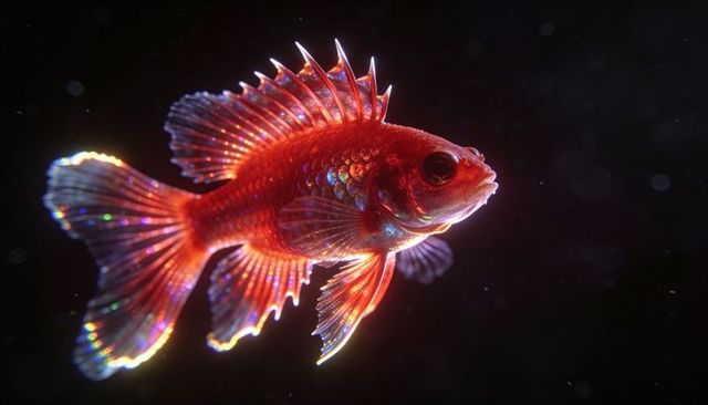 Glowing red ornamental fish with iridescent scales and prismatic fins swimming in dark water