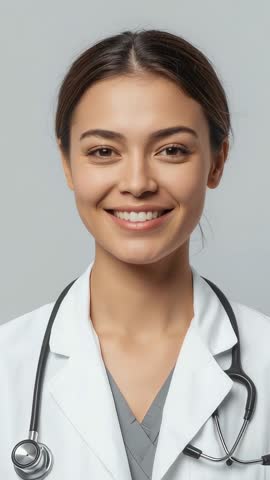 Smiling female doctor reacting and blinking to prompt in vertical lab coat headshot video