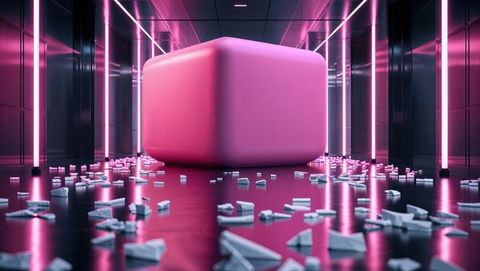 Glowing pink cube in neon corridor breaking reality