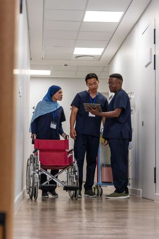Diverse healthcare team checking tablet beside wheelchair in clinic corridor