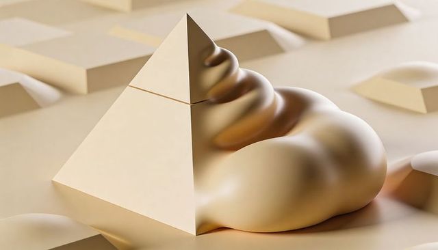 Melting pyramid merging into organic cream form on minimal beige grid, sculptural abstract