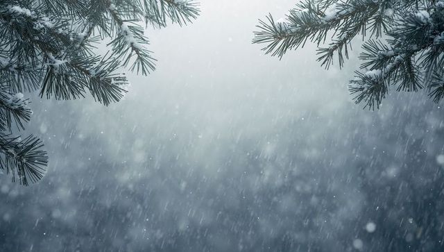 Falling snow under pine branches with soft bokeh and motion blur for winter backgrounds