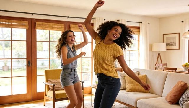 Dancing friends laughing and celebrating in sunlit living room wearing summer outfits