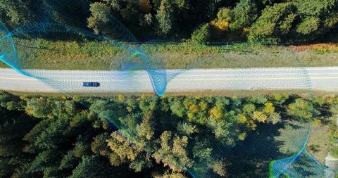 Aerial drone view of car driving on two-lane rural road through sunlit forest with blue overlay