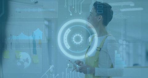 Engineer Interacting with Futuristic HUD in Modern Office