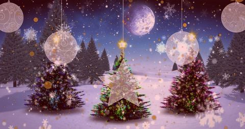 Digital Fantasy Holiday Scene with Moonlit Forest and Glittering Decorations
